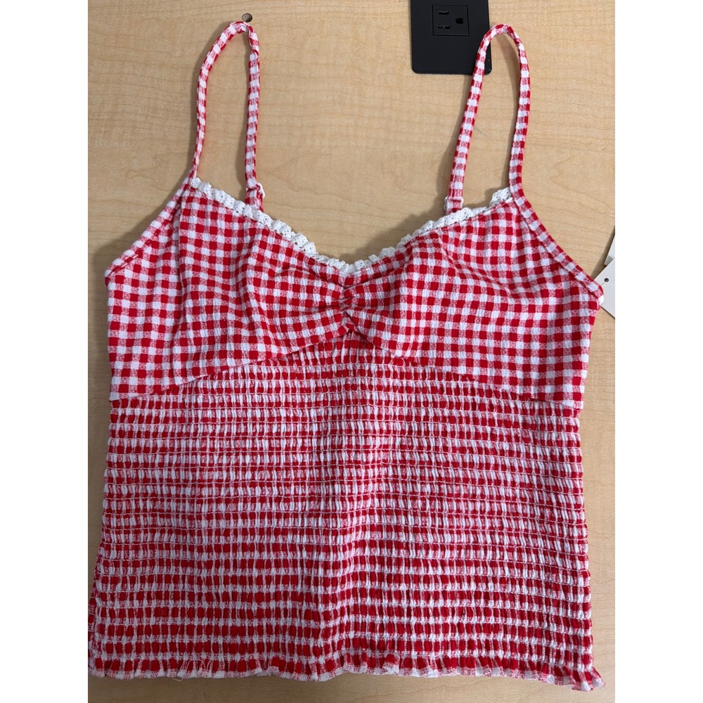 Red and White Gingham Smocked Camisole Top with Lace Trim Sweetheart Neck